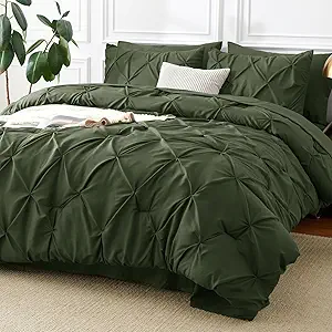 CozyLux Full Size Comforter Sets Olive Green, 7 Pieces Pintuck Bed in A Bag Green Comforter Full Size, Pinch Pleat Bedding Sets with All Season Comforter, Sheets, Pillowcases & Shams