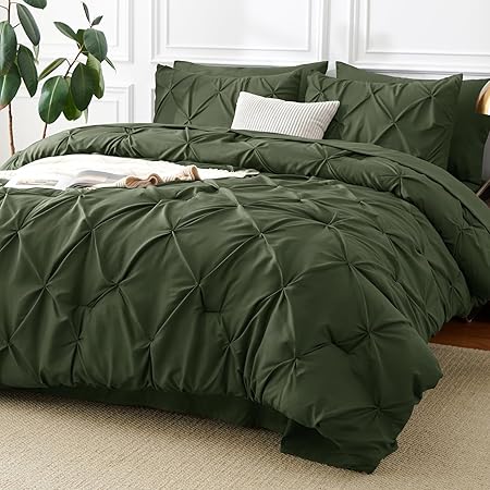 CozyLux Full Size Comforter Sets Olive Green, 7 Pieces Pintuck Bed in A Bag Green Comforter Full Size, Pinch Pleat Bedding Sets with All Season Comforter, Sheets, Pillowcases & Shams