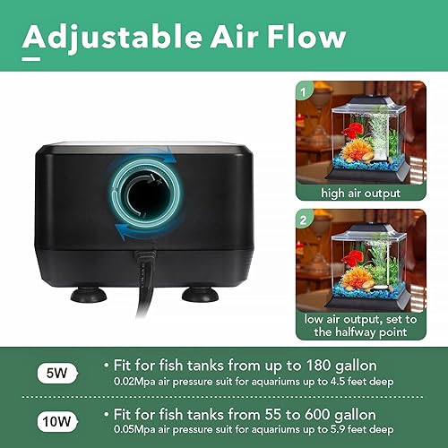 Miniatura 5 de hygger Bomba de aire ajustable para acuario de 5W 10W con 2 puertos para tanque de peces de 20-600 galones, 160 GPH 250 GPH Bomba de oxígeno para