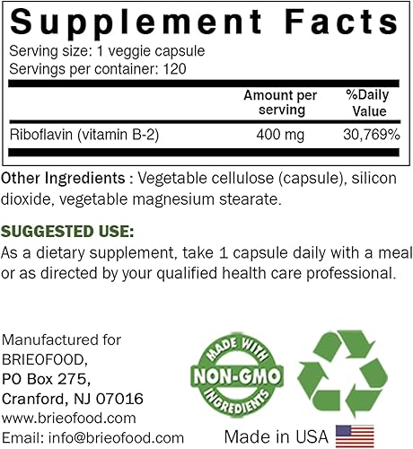 Miniatura 2 de Brieofood Vitamina B2 (riboflavina) 400 mg, 120 cápsulas vegetarianas, sin gluten, sin OMG