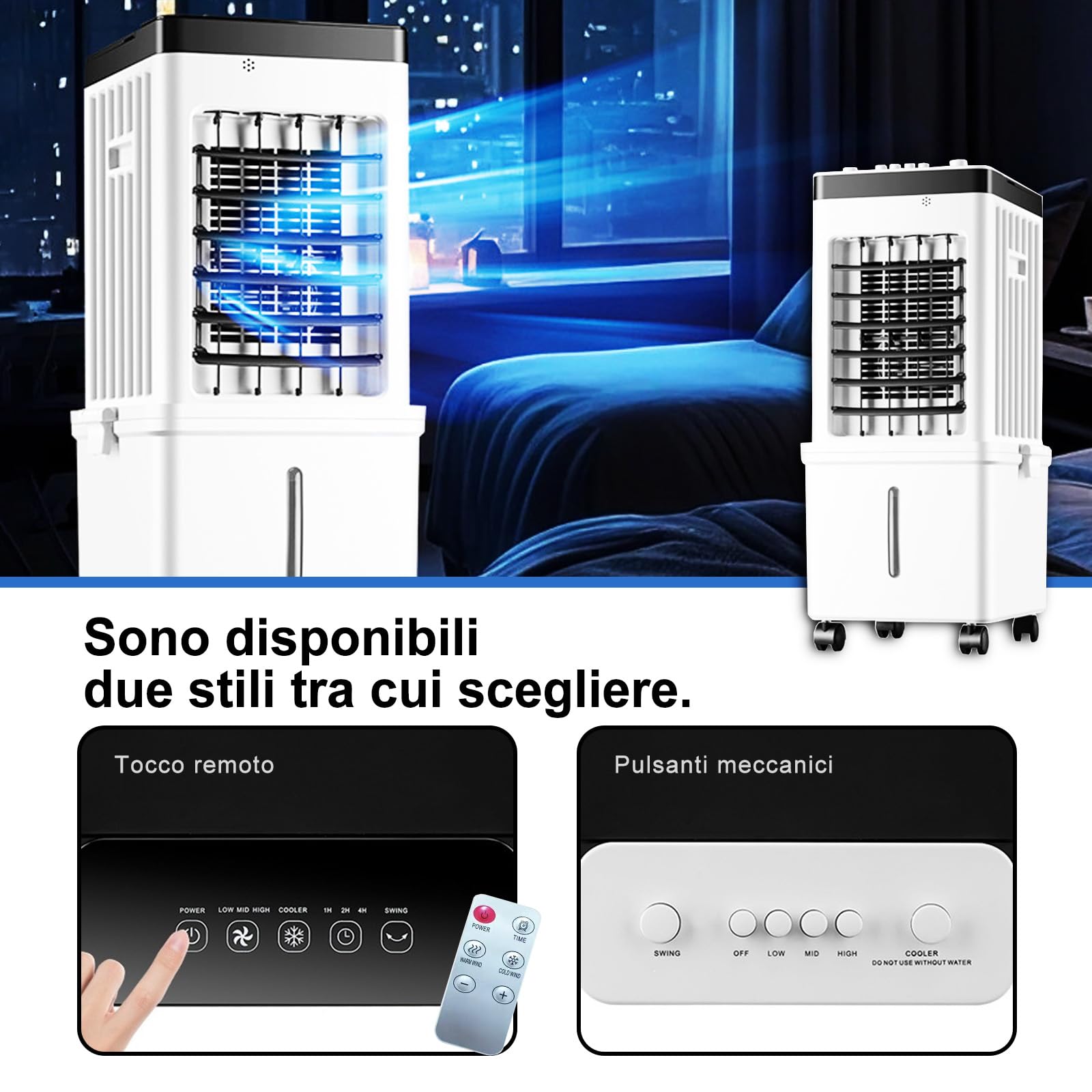 raffrescatore evaporativo,raffrescatore,condizionatore senza tubo,Base con ruota girevole,Oscillazione,Serbatoio Acqua da 15l,per Casa, Cucina, Dormitorio(Telecomando)