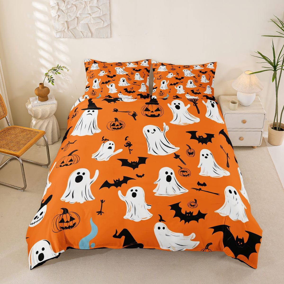 Loussiesd Happy Halloween poszewka na kołdrę super king size chłopcy dziewczęta pajęczyna duch nietoperz dynia zestaw pościeli oddychająca miękkie pomarańczowe tło narzuta na łóżko 3 szt. dekoracja