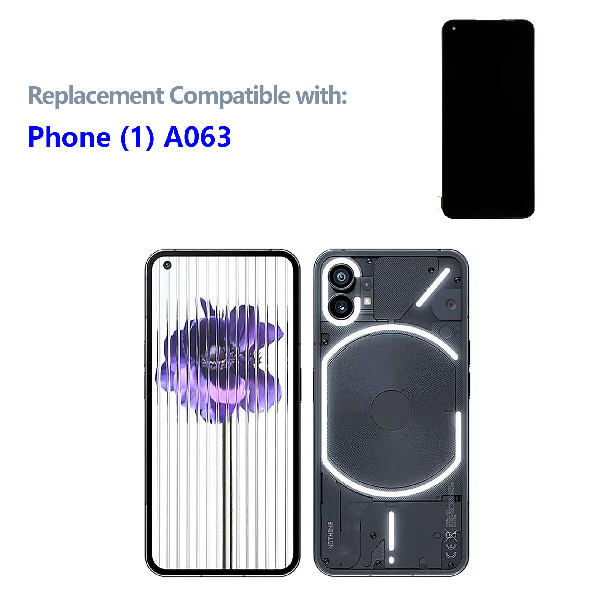 Display TFT da 6,55 pollici, compatibile con Nothing Phone (1) A063 (nero senza cornice) (no Fingerprint), display LCD touchscreen di ricambio + set di attrezzi