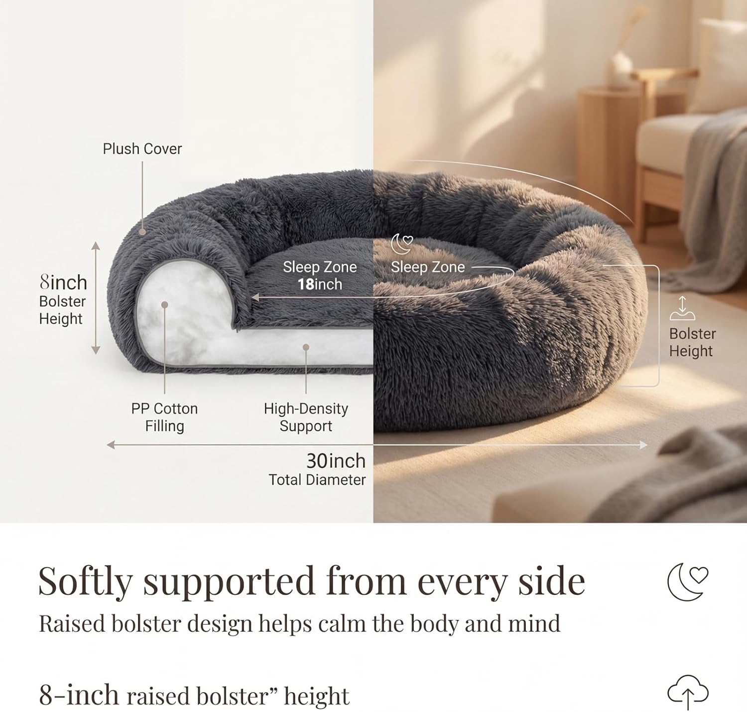 Calming Donut Dogs Beds for Medium Dogs up to 45 lb,30inch Anti-Slip Plush Round Dog Bed with Raised Rim,Fluffy Faux Fur Pet Bed for Cozy Sleep,Dark Grey