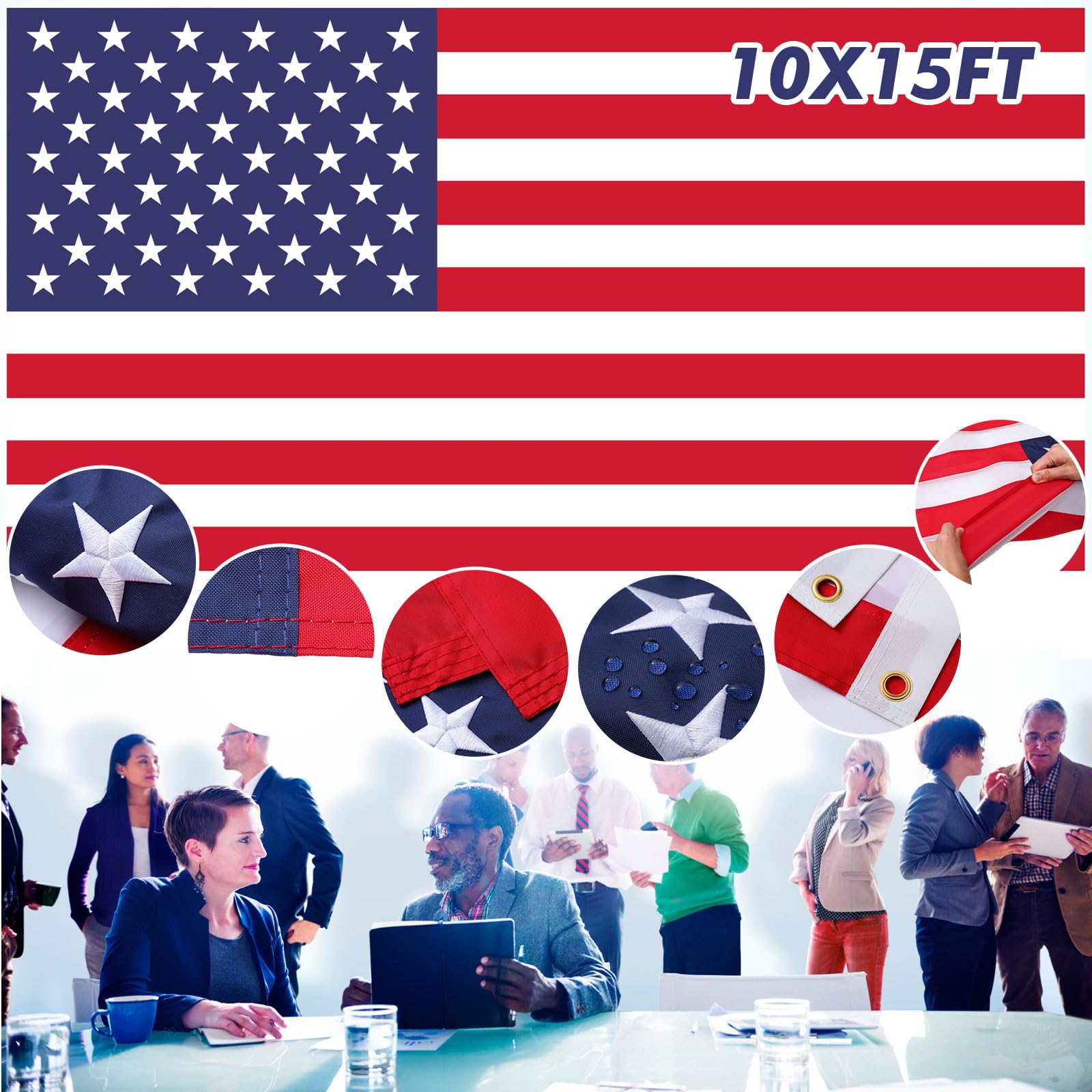 Tradder Large American Flag Outsides 10 x15 ft Heavy Duty Waterproof USA Flag with Embroidered Stars Sewn Stripes Brass Grommets for Outdoor Indoor,