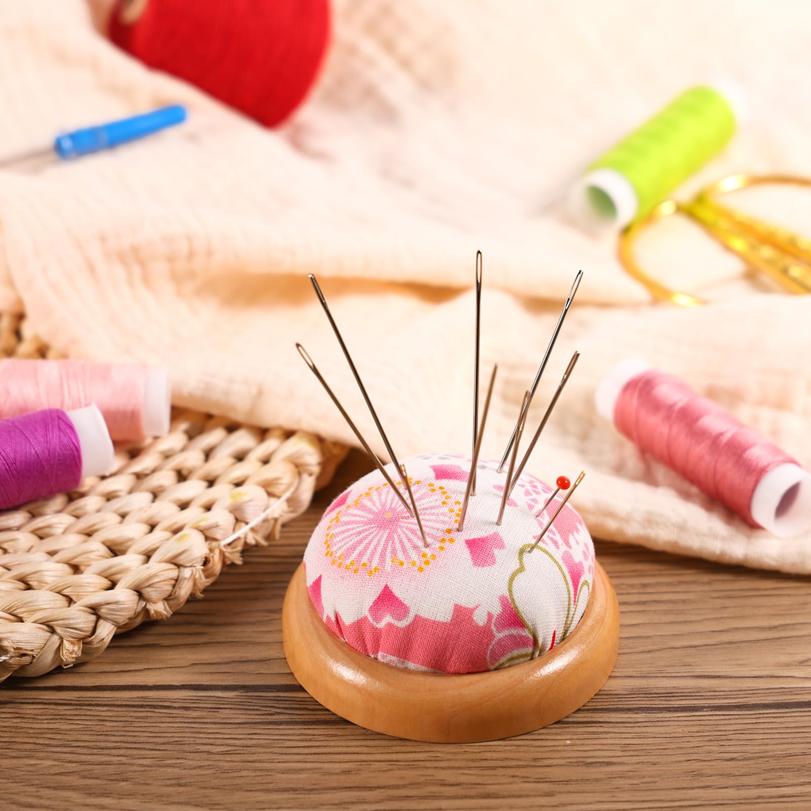 Puntaspilli da Cucito Rotondi con Base in Legno, Accessori Porta Aghi per Quilting