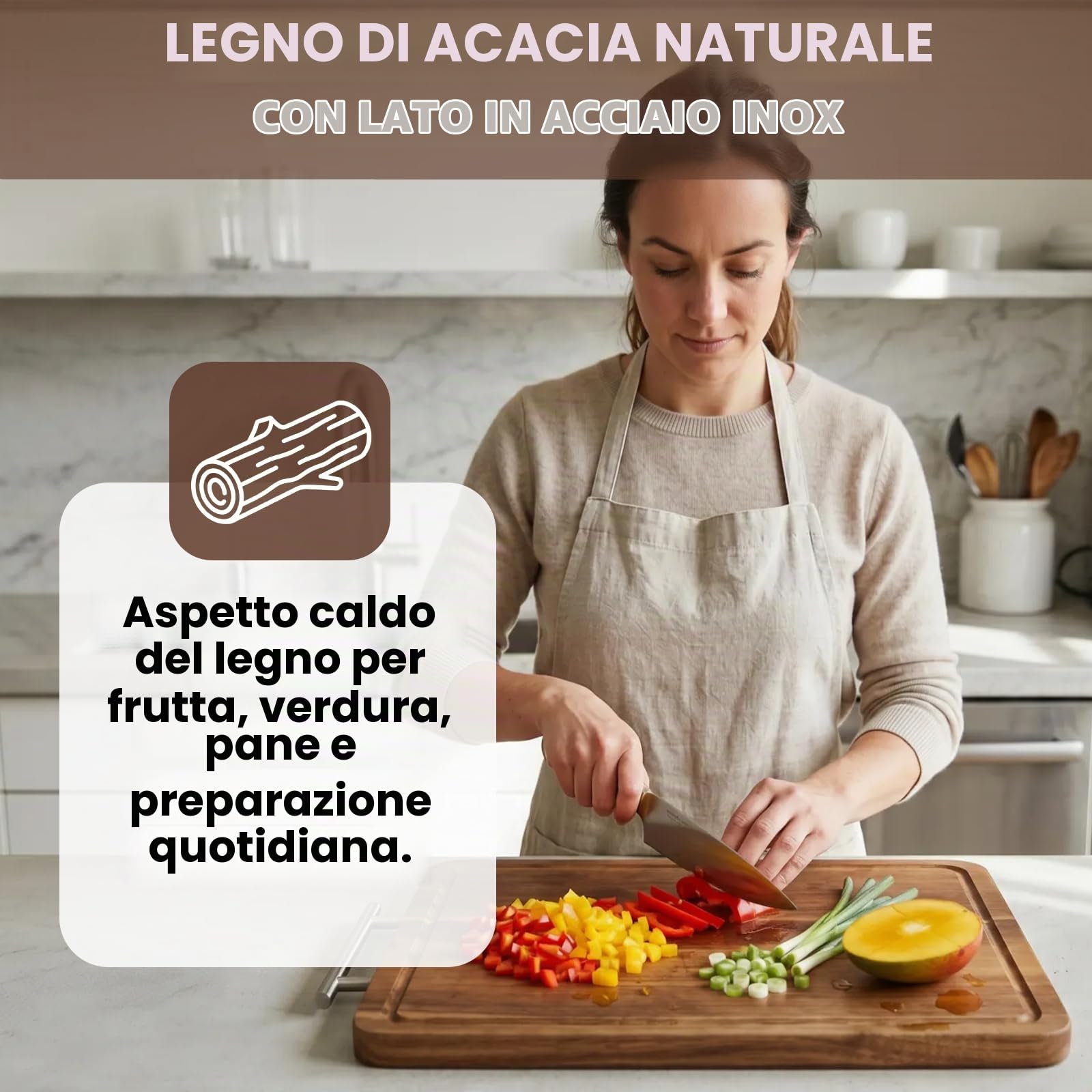 Tagliere Doppia Faccia Legno di Acacia e Acciaio Inox 34 x 28,5 x 2 cm | 2 in 1, Scanalatura per Succhi, Per Carne, Pesce, Verdure e Pane, Igienico, Facile da Pulire