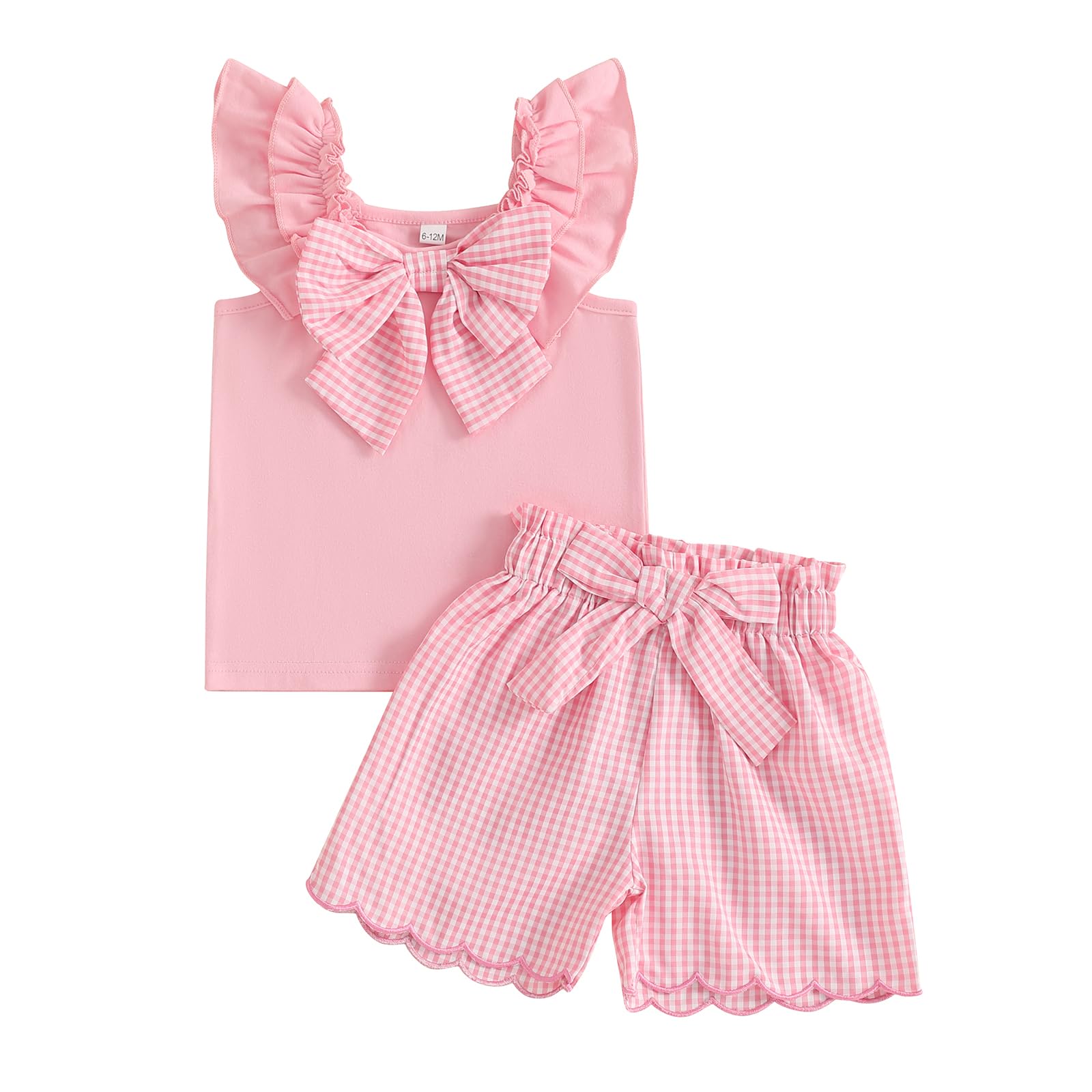 AHUGHAUE Baby Girl Summer Outfits Bow Fly Sleeve T Shirt Top Gingham Plaid Ruffle Shorts Trendy Toddler Clothes Set (Pink, 3-4T)