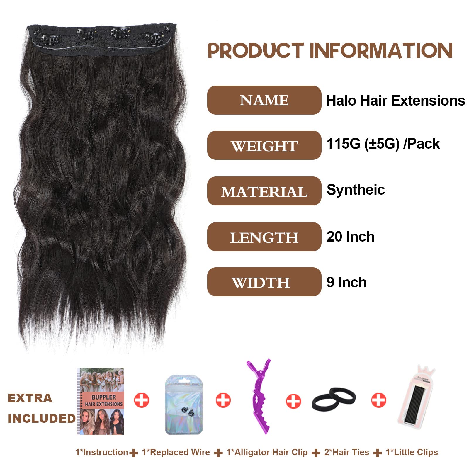 BUPPLER Halo Hair Extensions 20 Inch Invisible Wire Hair Extensions Adjustable Long Wavy Hairpiece Synthetic Upgrade 4 Secure Clips in Hairpieces 20 Inch,Pure Black - Image 2