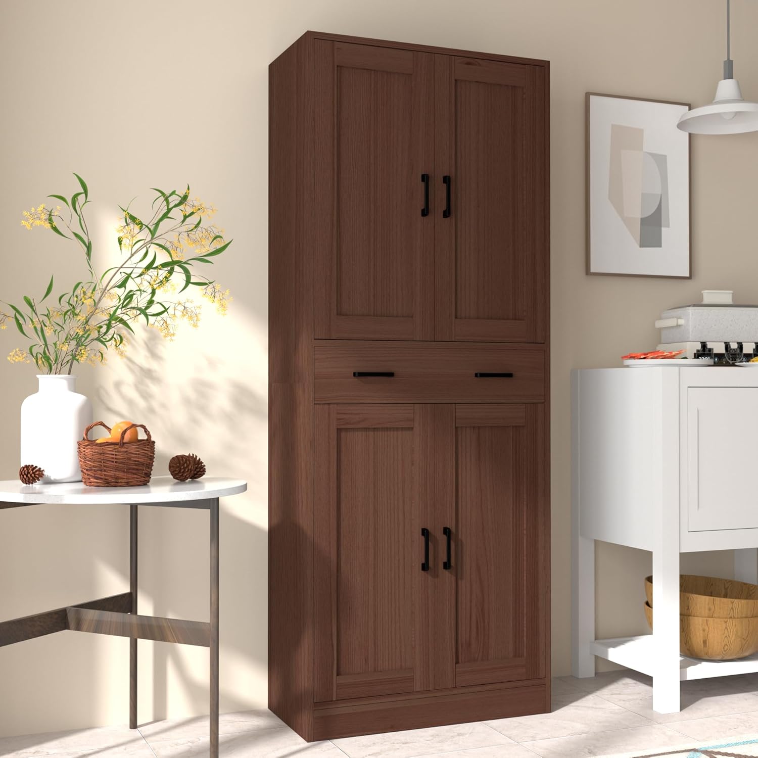 Brown Tall Freestanding Kitchen Pantry Cabinet with Doors and Drawer