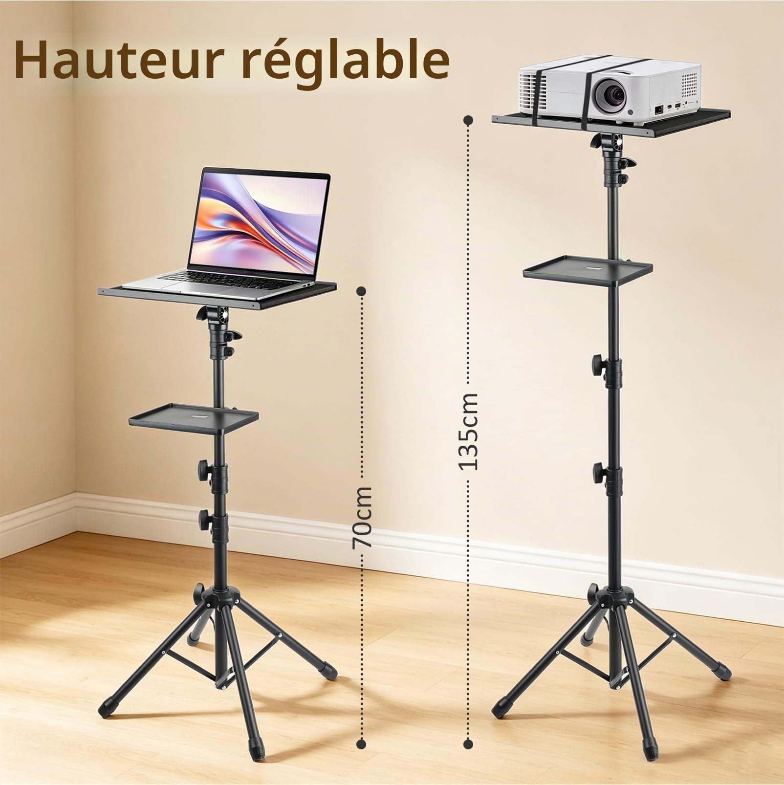 Support Vidéoprojecteur Double Plateau Réglable 70-135 cm 10 kg Charge