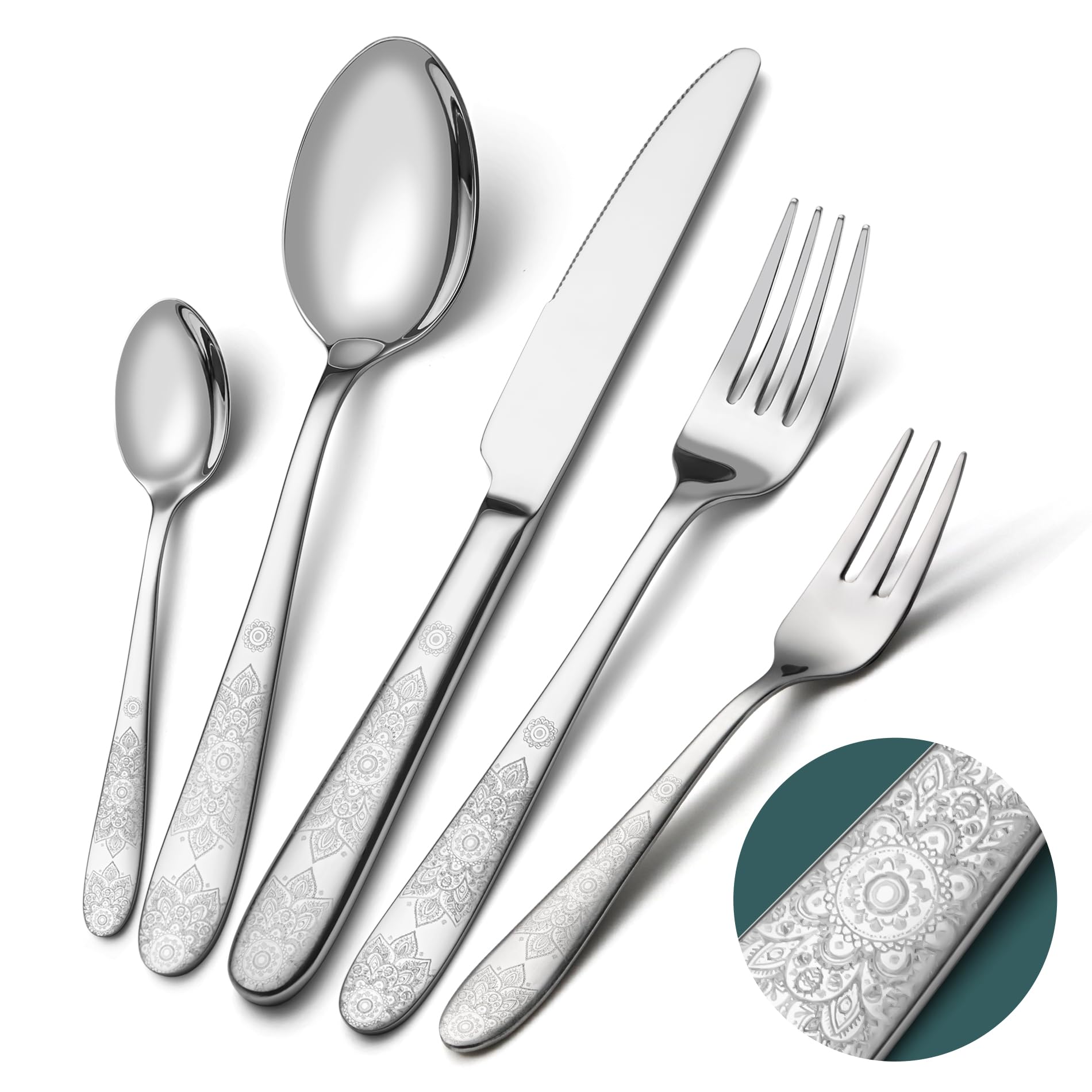 Lot de 60 Couverts de Table Inox pour 12 Personnes, Couteau Fourchette Cuillère, Motif Unique, Finition Brillante, Idéal Maison Cuisine, Lavable au Lave-Vaisselle