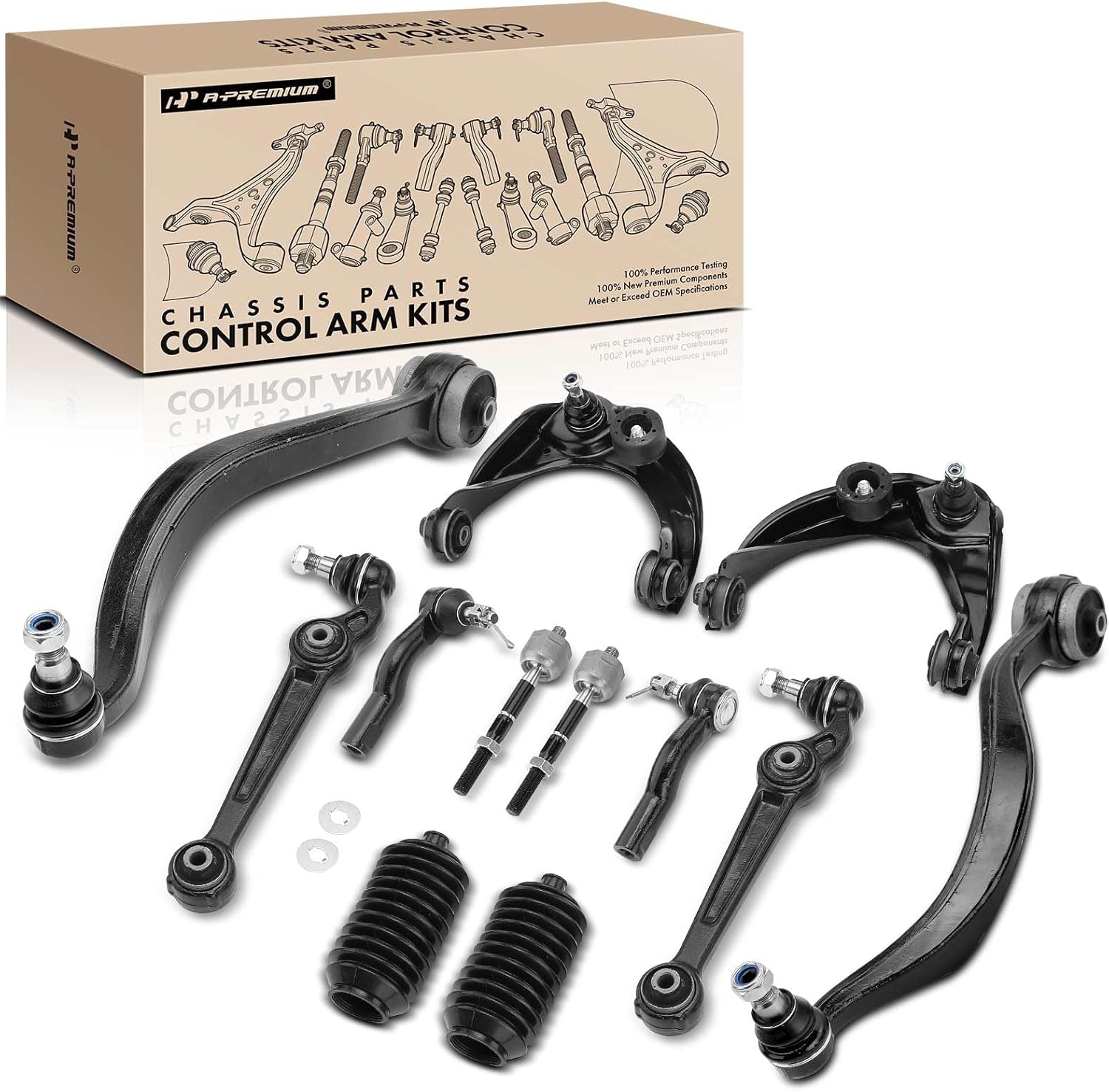 A-Premium 12Pcs Front Suspension Kit, Upper Lower Control Arm, Inner Outer Tie Rod End, Rack Pinion Boot, Compatible with Ford Fusion 2010-2012, Lincoln MKZ 2011-2012, Mercury Milan 2010-2011