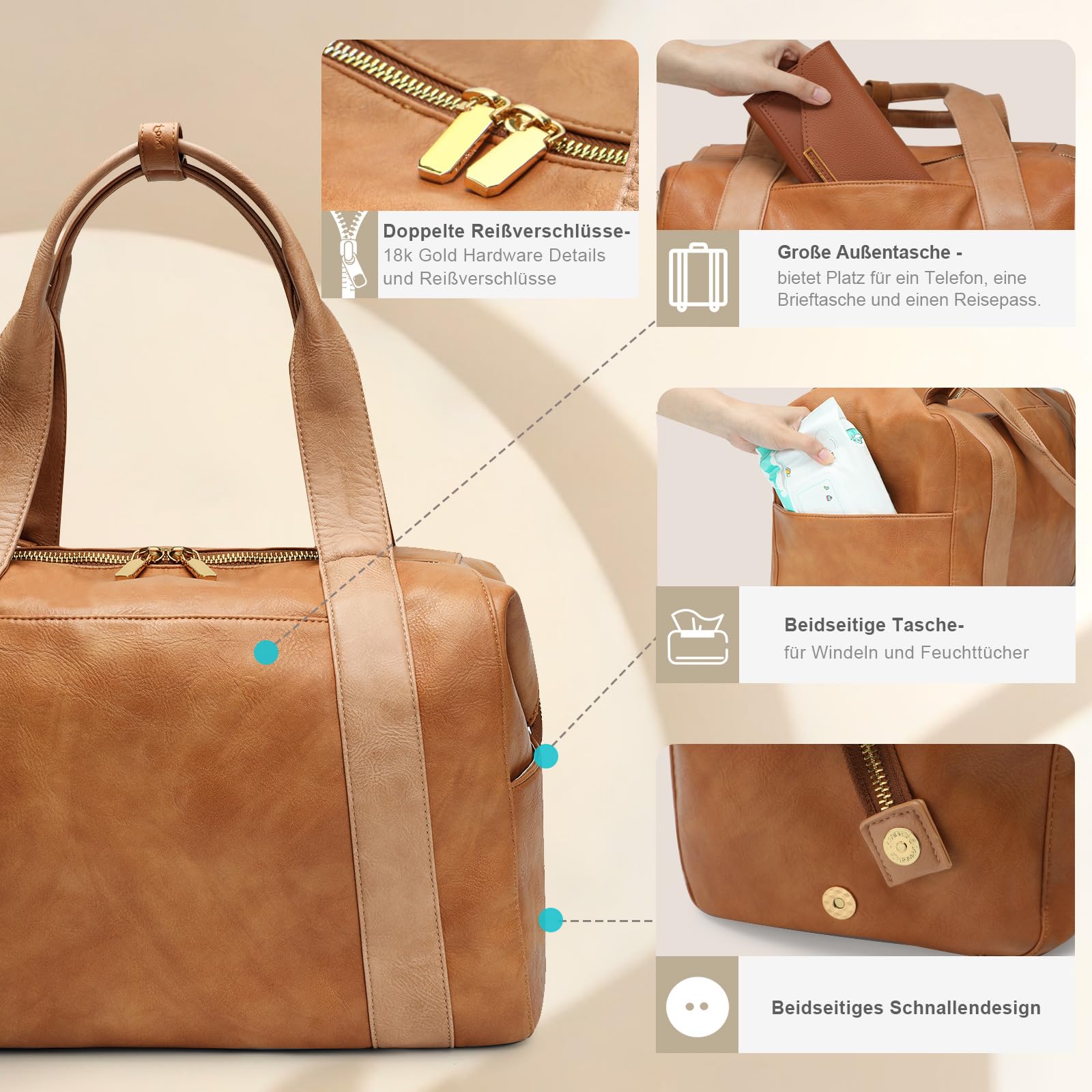 MISS FONG Reisetasche Travelite Sporttasche Reisetasche Damen Herren Weekender Große Wickeltasche PU-Leder Wickelrucksack Babytasche Kliniktasche 29L Handgepäcktasche für Reisen Fitness Business-Braun