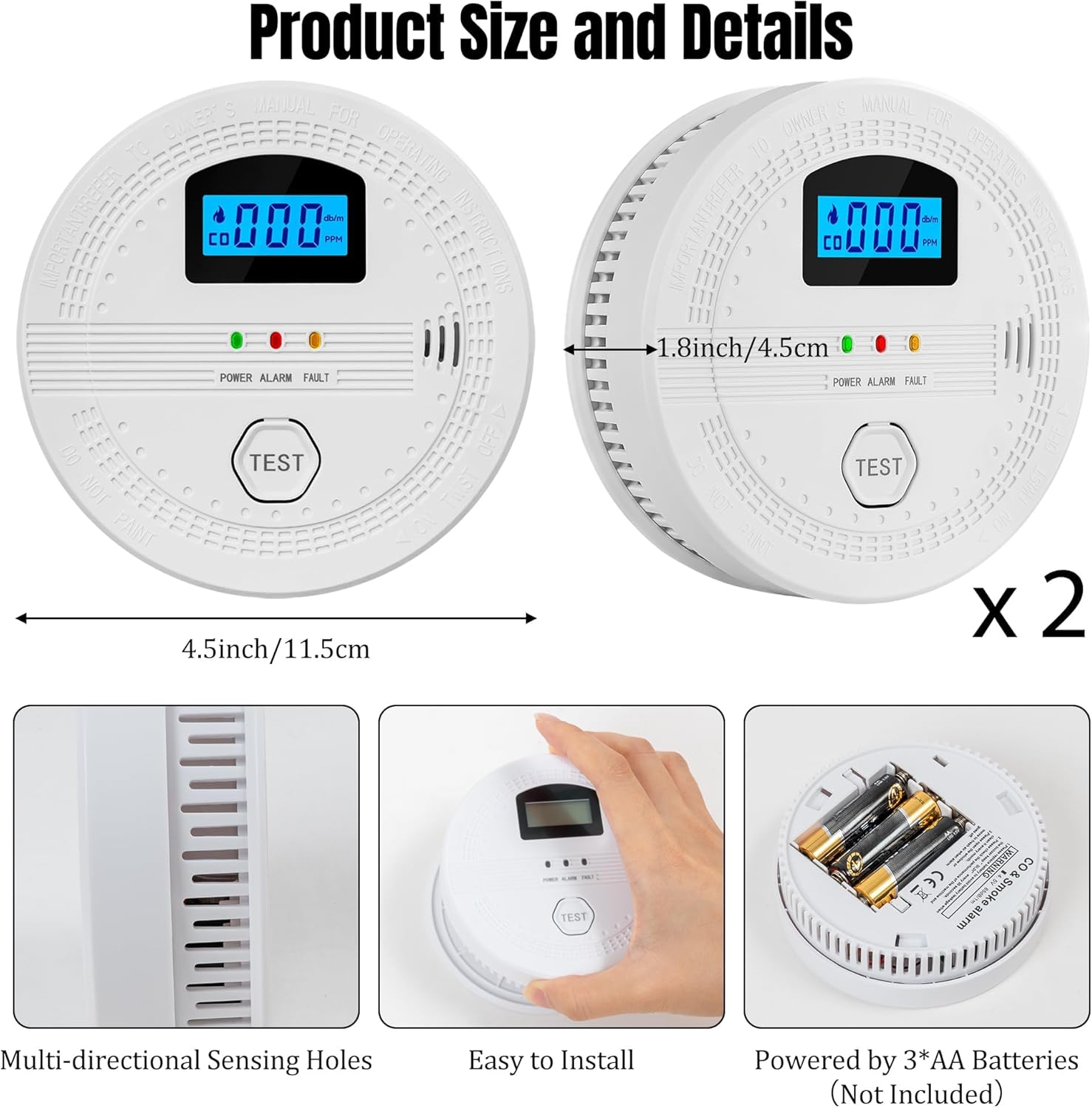 Smoke and Carbon Monoxide Detector - Battery Powered Monoxide Alarm with Dual Sensor and Digital Display, Portable Fire and CO Warning Light Indicators for Kitchen Home (No Battery) 2 Pack