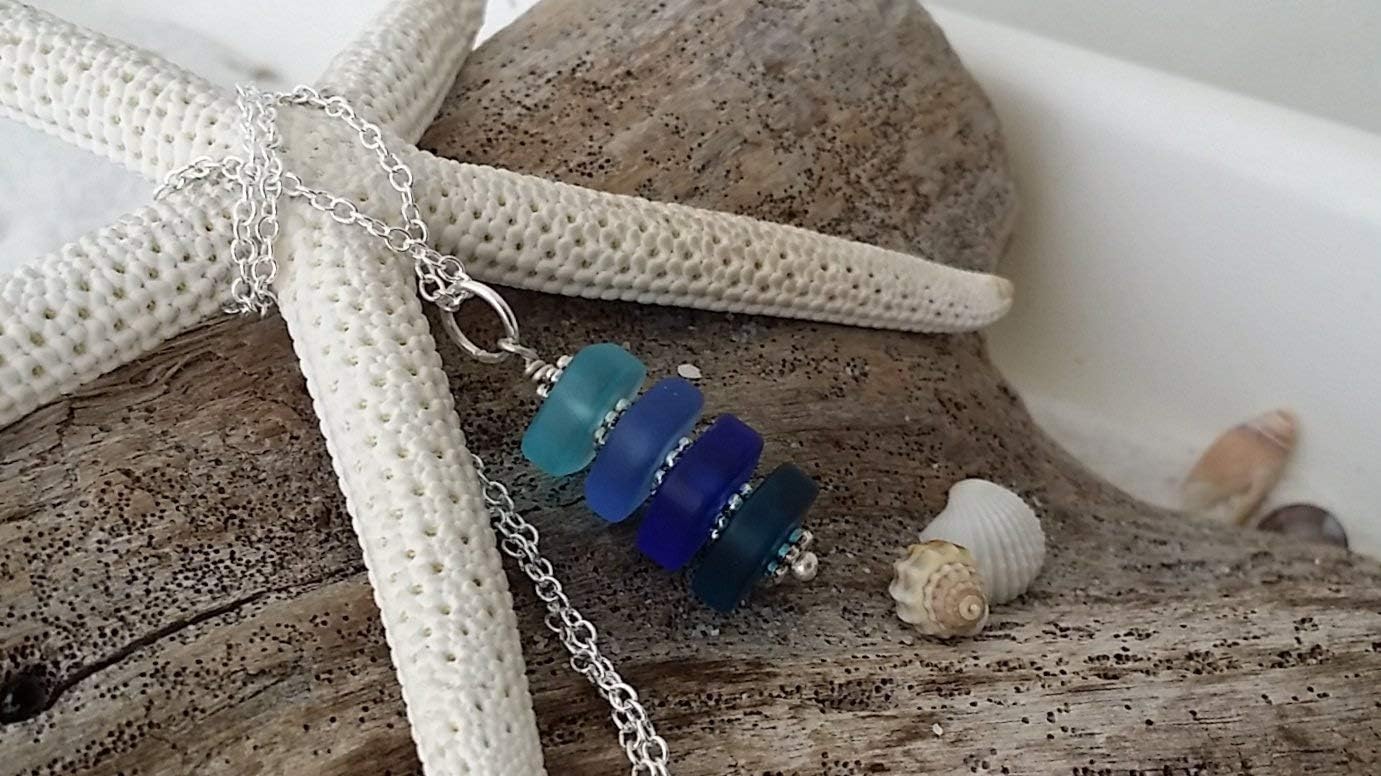 Handmade in Hawaii, Four small blue sea glass necklace, (Hawaii Gift Wrapped, Mother's Day Gift)