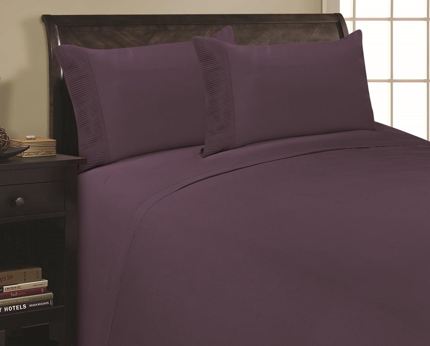 Elegance Linen 1800 Thread Count PLEATED DESIGN Egyptian Quality Luxurious Silky Soft WRINKLE RESISTANT 4 pc Sheet set, Deep Pocket Up to 16" - All Size and Colors, California King Purple