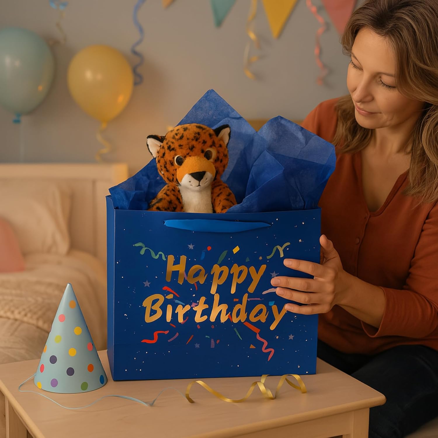 Febbleshow Blue Birthday Gift Bags with Tissue Paper - Matte Finish with Gold Foil Lettering and Confetti Design - Birthday Party Gift Bag for Men Women Kids - 13"x10.3"x4.7" (Pack of 2) - Image 4