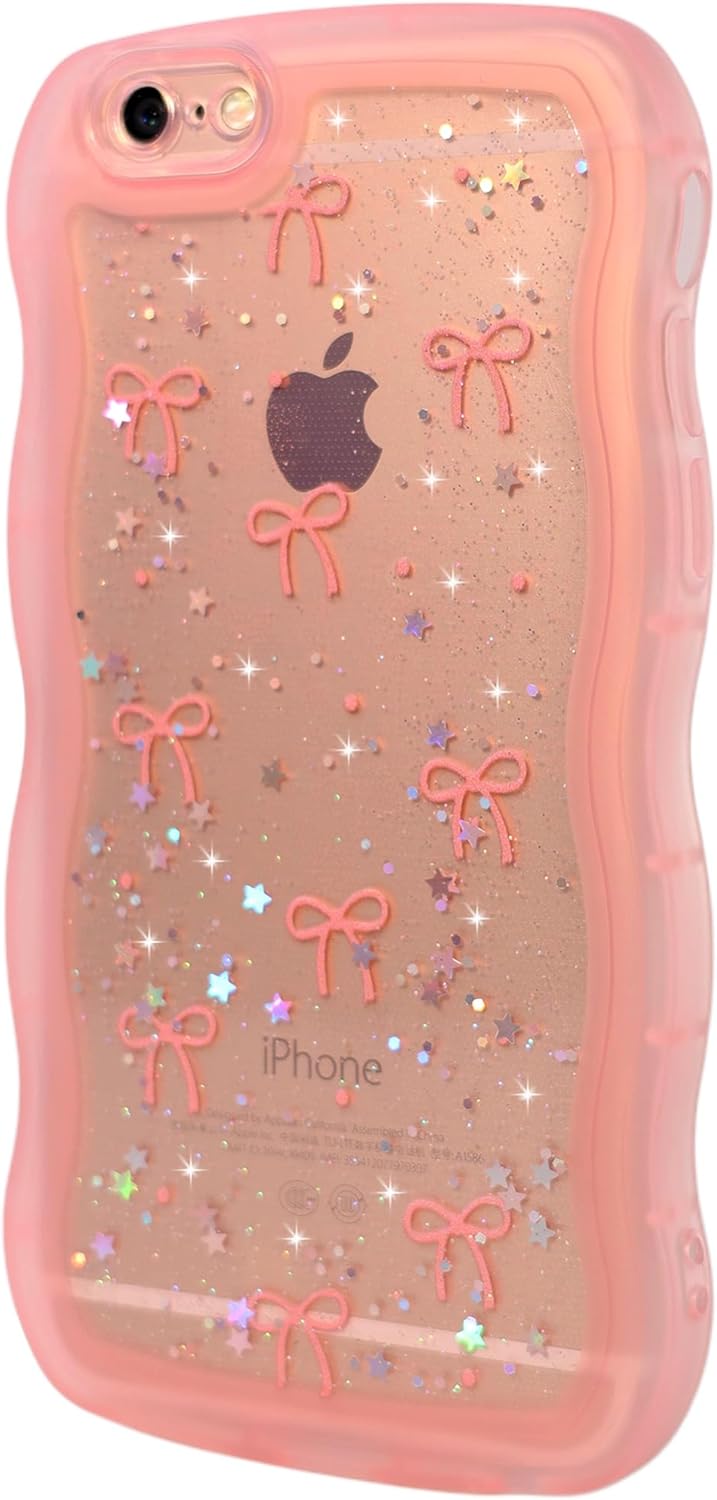 Qokey for iPhone 6/6S Case, Glitter Star & Curved Edge Handle Grip Design, Military-Grade Shockproof Clear TPU Cover, Sparkle Protection Scratch-Resistant, Holographic Pink Bow - Image 4