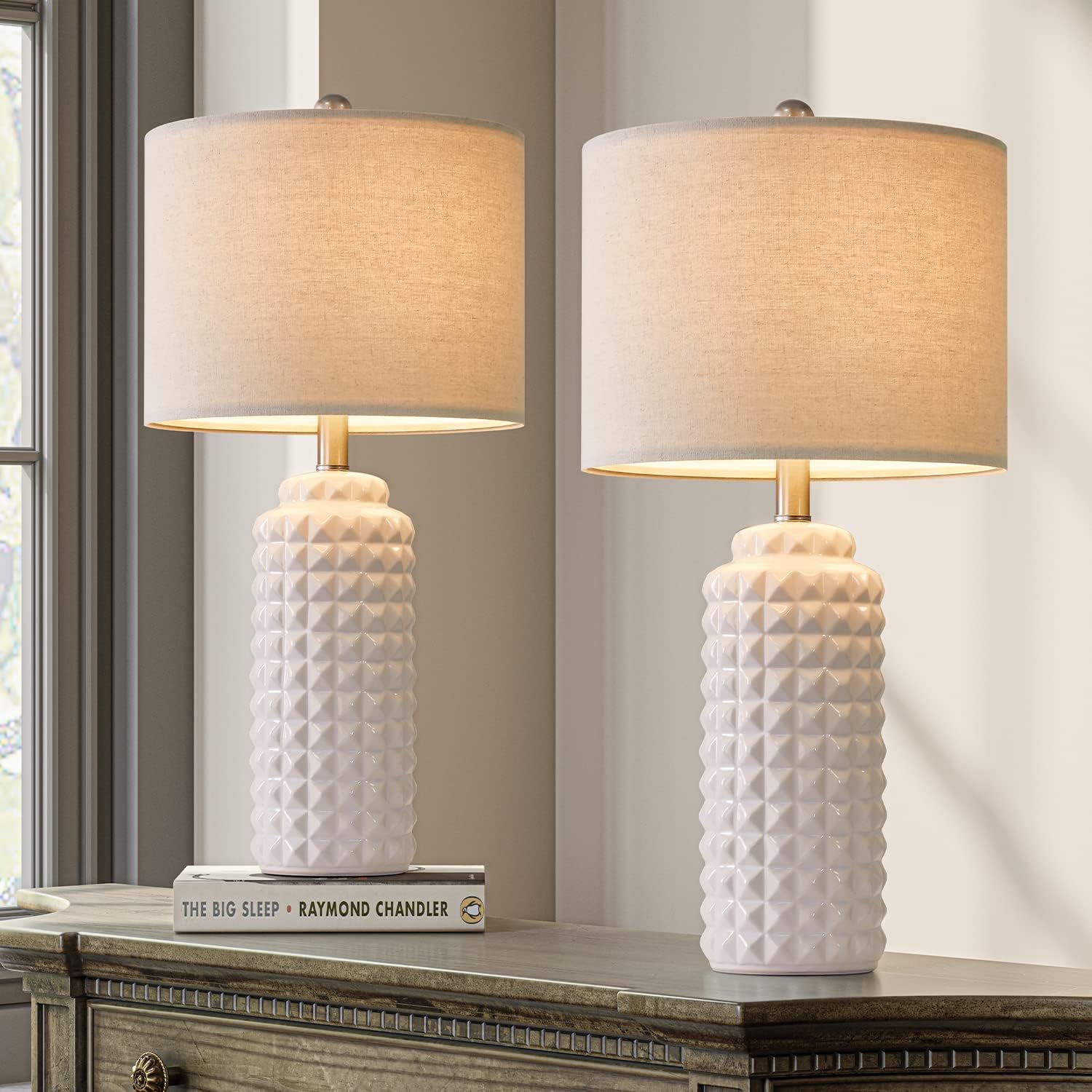 GSAFAVA 24.5 inch Modern Ceramic Table lamp Set of 2, White Diamond