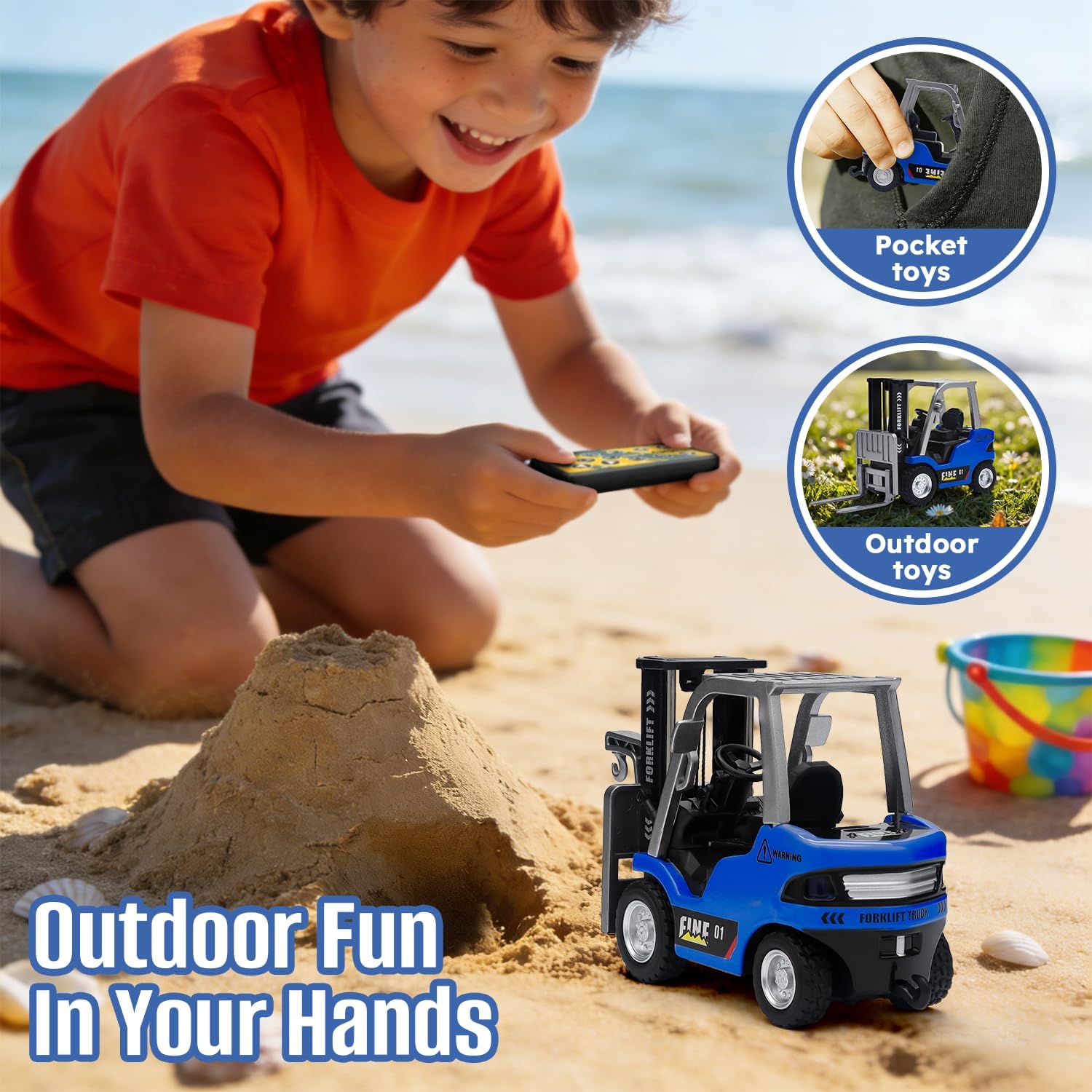 Snugzy 1/64 Mini RC Forklift Toy Remote Control Rechargeable 2 in 1 Transformable Lift Fork & Hook Construction Vehicle Gifts for Kids (Blue)