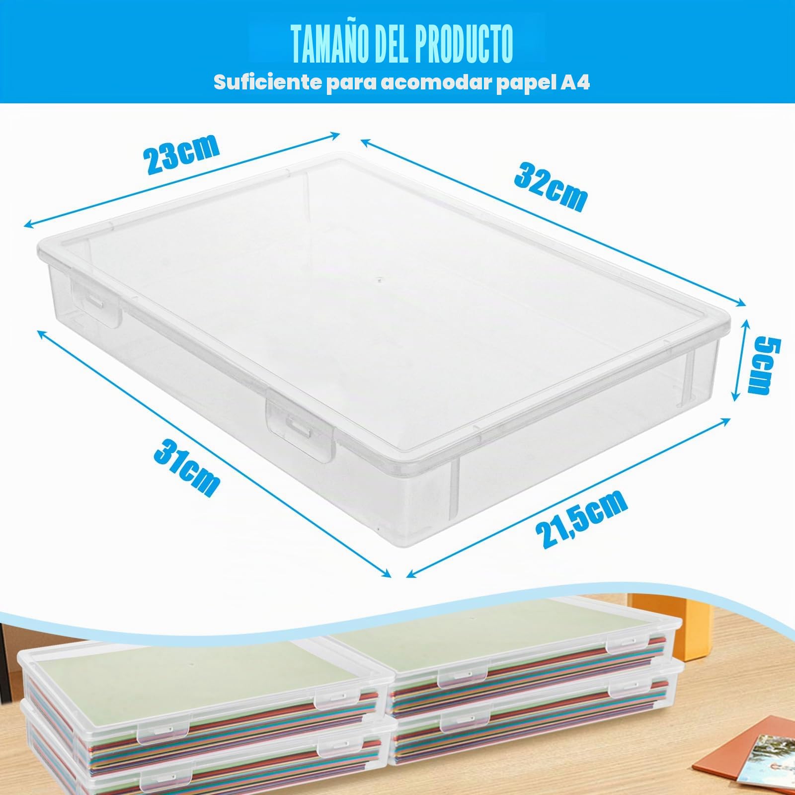 Pack de 6 Cajas Plastico A4 Transparentes de Almacenamiento, Cajas de Almacenamiento Portatiles A4 para Oficina y Escuela Papeles, Proyectos y Manualidades, 31x22x5cm
