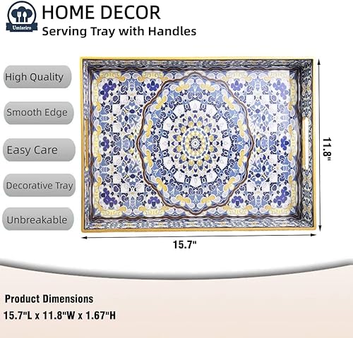 Miniatura 3 de Umisriro Bandeja decorativa azul, bandeja para servir con asas, bandeja grande de plástico para mesa de café, sala de estar, decoración, 15.7 x 11.8