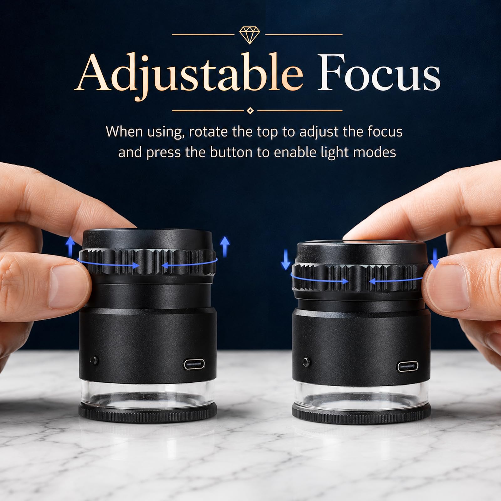 10-Fach Vergrößernde, Wiederaufladbare LED-Schmucklupe mit UV-Licht, Einstellbarem Fokus und Helligkeit | Professionelle Lupe mit Glas-Fadenkreuzskala für Edelsteine, Schmuck, Münzen und Briefmarken