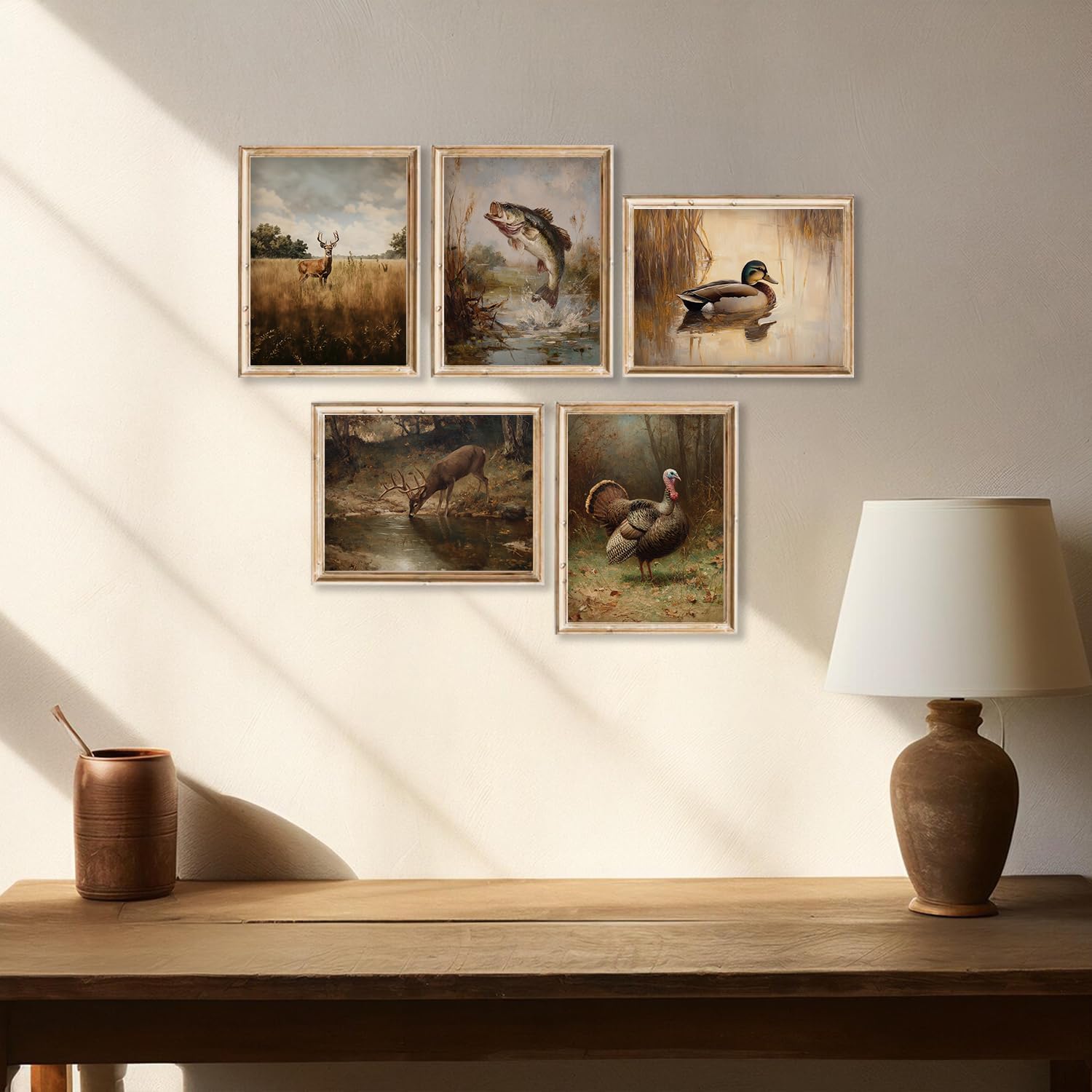 Vintage Hunting Nursery Wall Art Baby Boy Room Canvas Wall Decor Farmhouse Woodland Animal Prints Poster Mallard Duck Deer Turkey Fish Pictures Artwork Painting for Kids Bedroom 12x16x5 Inch Unframed