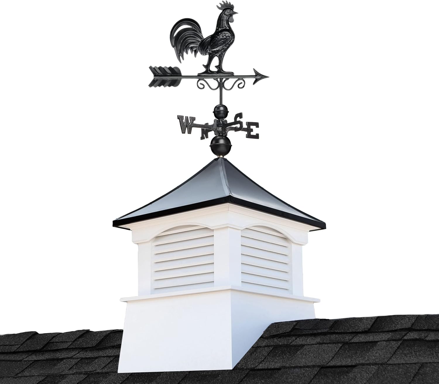 26" Square Coventry Vinyl Cupola with Black Aluminum roof and Black Aluminum Rooster Weathervane by Good Directions