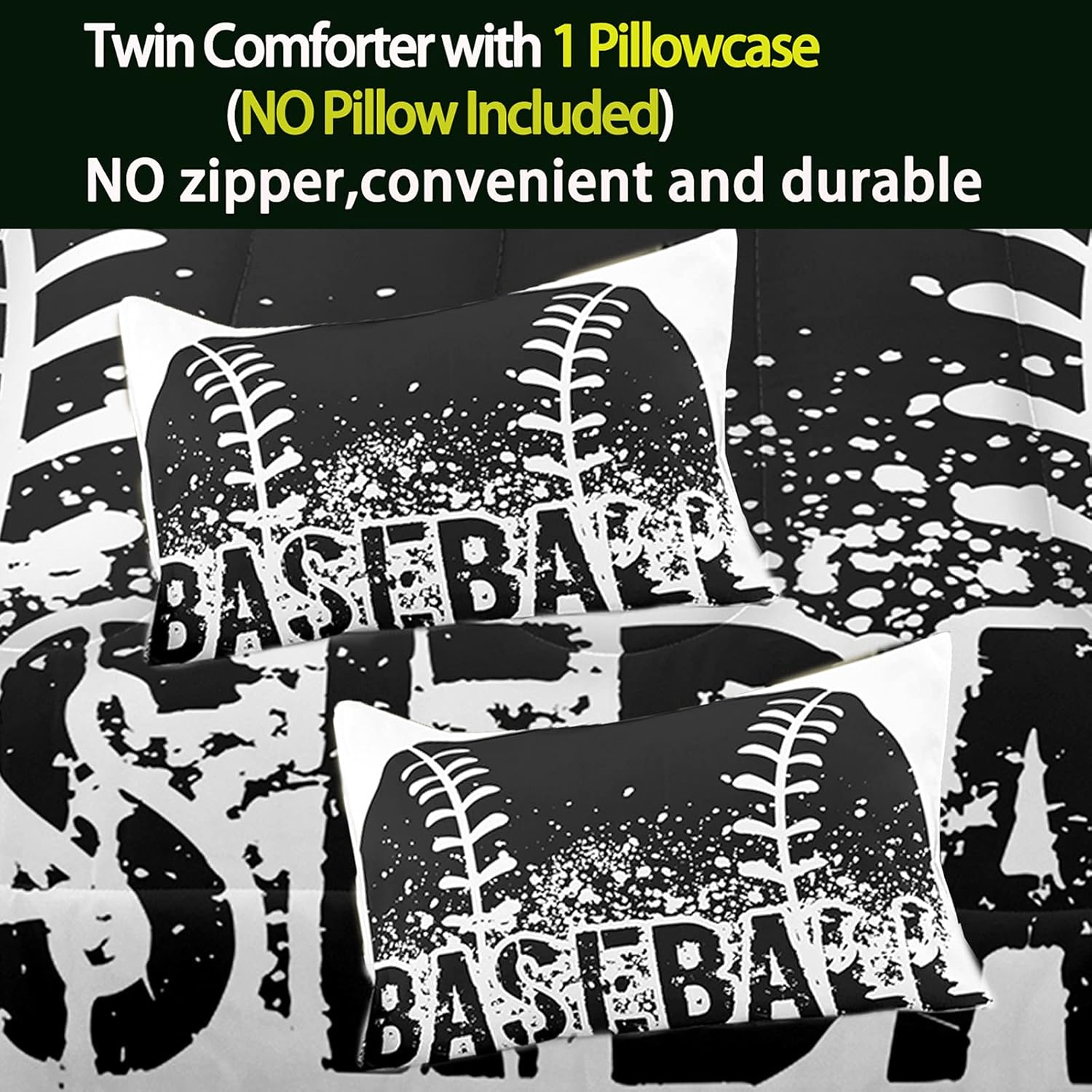 Bodhi Kids Comforter Twin, Boys Baseball Comforter with Pillowcases, Sports Baseball Bedding Set in Black and White