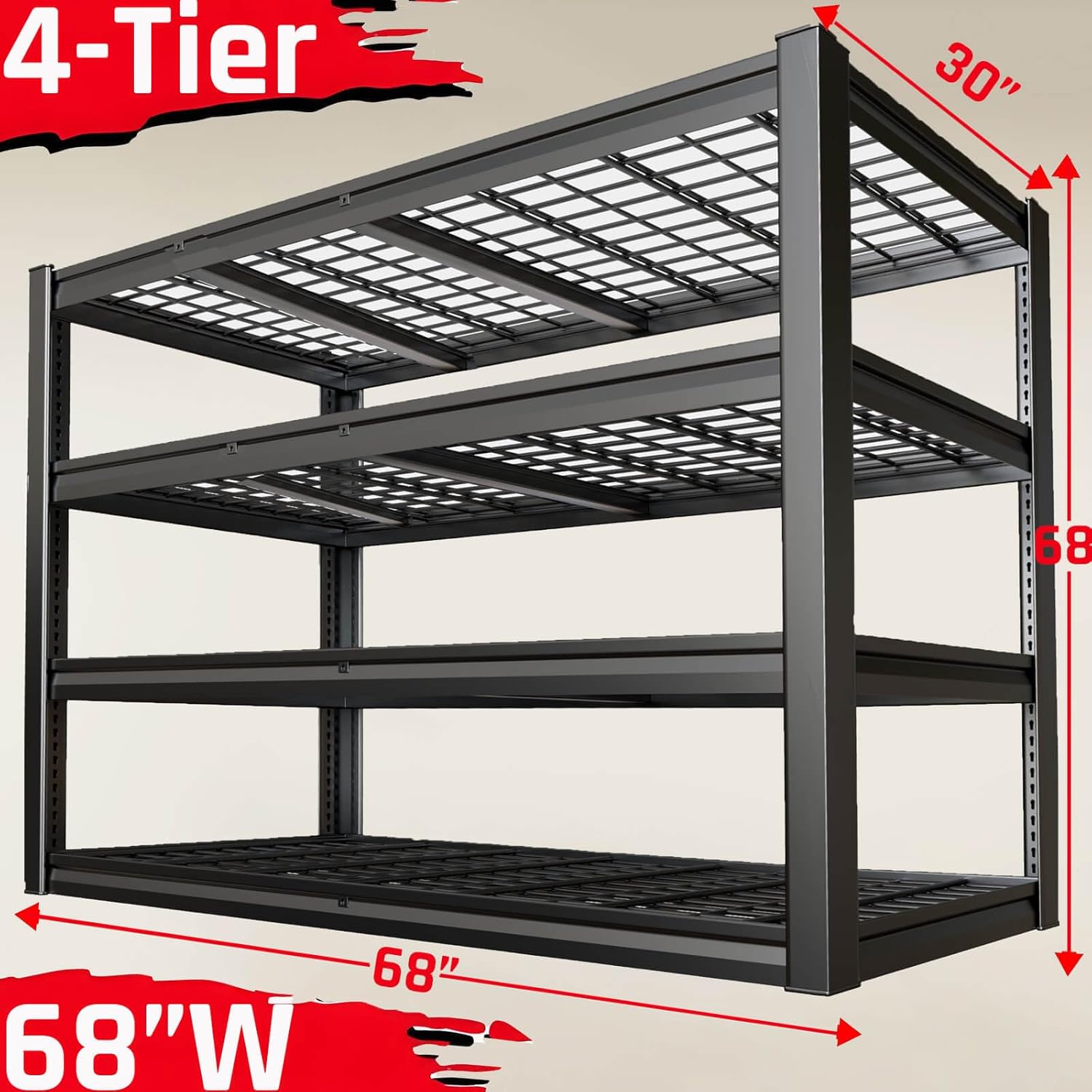 30" Deep Heavy Duty Garage Shelving Units, 68" Wide Storage Shelves, 4 Tier Metal Garage Shelves,Large Storage Rack,Industrial Shelving for Shop, 68" W x 30" D x 68" H