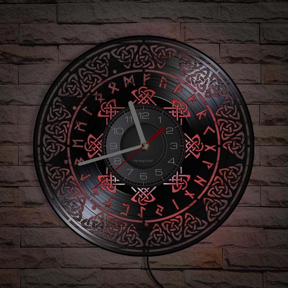 12 Inch Viking LED Wall Clock with 7 Luminous Modes, Silent Quartz Non Ticking Vintage Decorative Mysterious Symbol Norse Black Vinyl Record Wall Clock for Bedroom Living Room Man Cave Decor