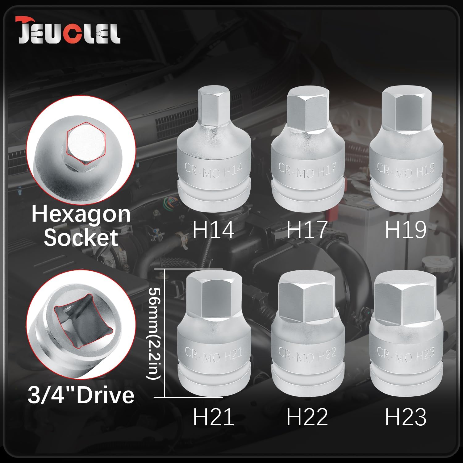 6PCS 3/4"Drive Hex Allen Bit Socket set, Cr-MO H14 H17 H19 H21 H22 H23 Drive Impact Hex Socket Kit, Hex Screwdriver Socket Adapter, Hand Repair Remover Tool