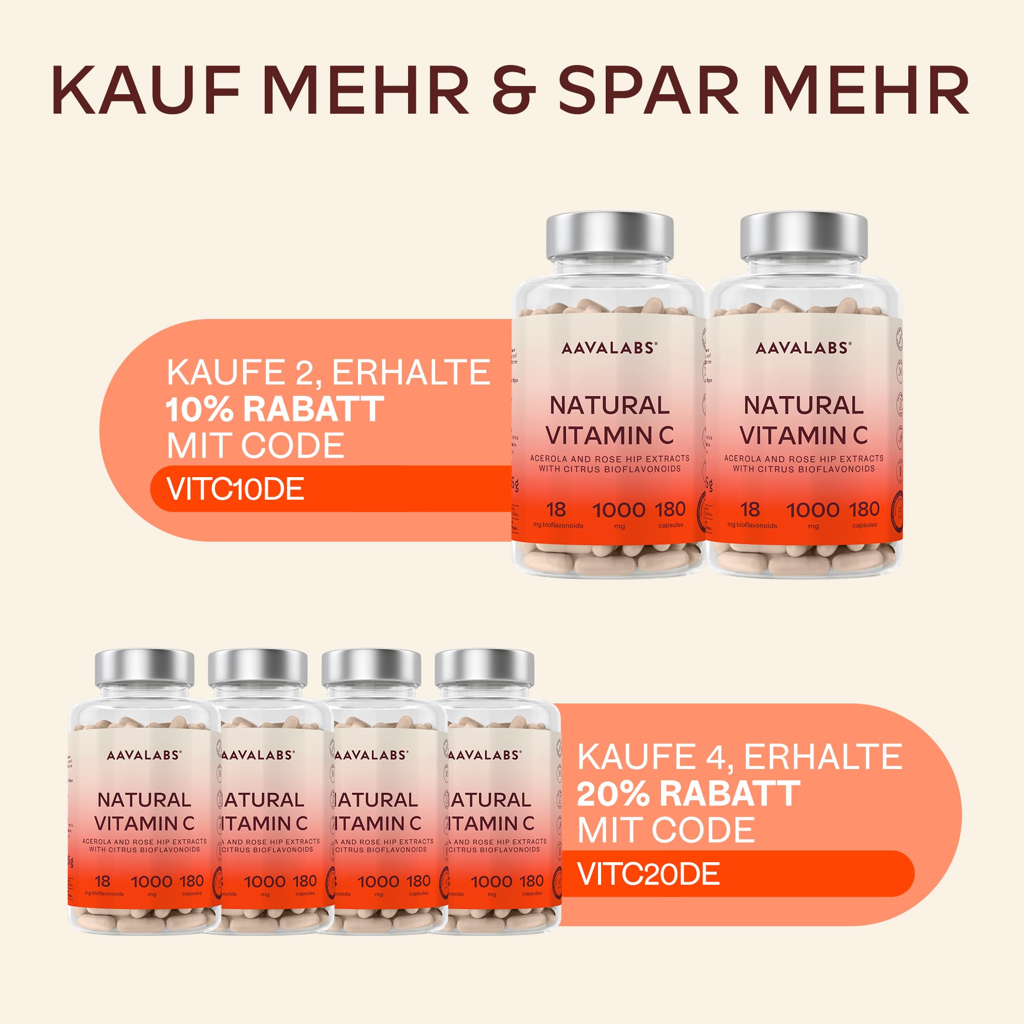 Vitamin C Hochdosiert Vegan - Acerola Vitamin C 1000mg pro Tagesdosis (2 Kapseln) mit Hagebutten, und Zitrus-Bioflavonoiden aus Orangenfrucht Extrakt - 180 Natürliches Vitamin C Kapseln