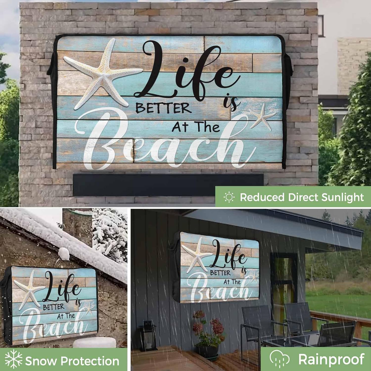 Outdoor TV Cover 55 Inch Teal Wood Grain TV Enclosure Starfish Life Is Better at The Beach TV Covers for Outside TV Display Screen Protector with Remote Control Pocket Home Decor