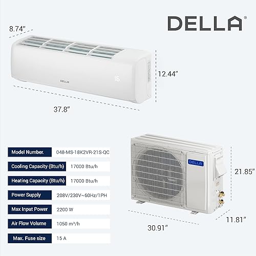 Miniatura 8 de DELLA 18000 BTU Mini Split AC 21 SEER2 enfría hasta 1000 pies cuadrados, 208-230 V, aire acondicionado y calentador habilitado para WiFi con bomba