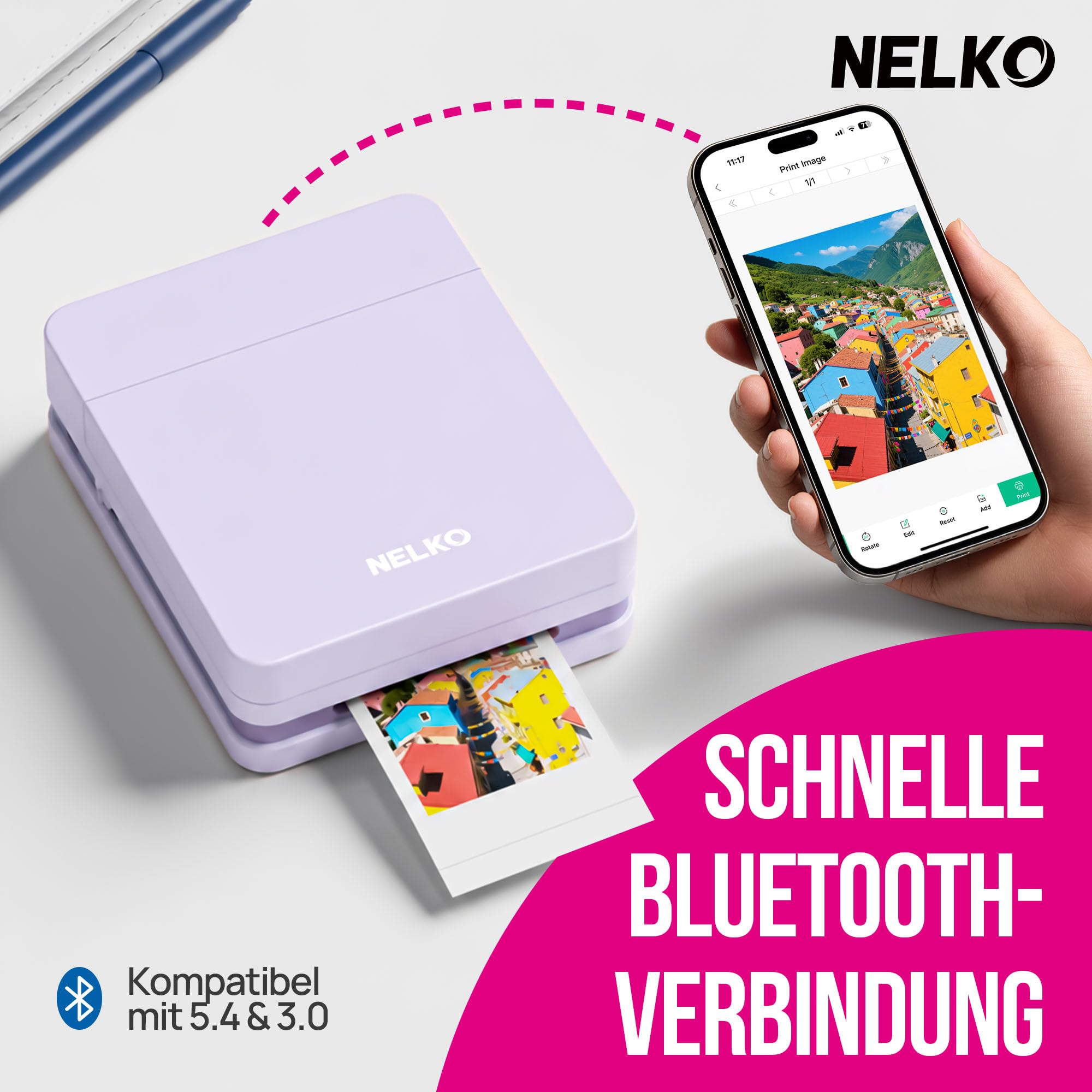 Nelko PP01 Tragbarer Fotodrucker, 100 Blatt Selbstklebendes Fotopapier,Lila | Tintenstrahl-Aufkleberdrucker kompatibel mit iOS/Android mit Bearbeitungs-App, Ideal für Partys, Reisen und Bullet Journals