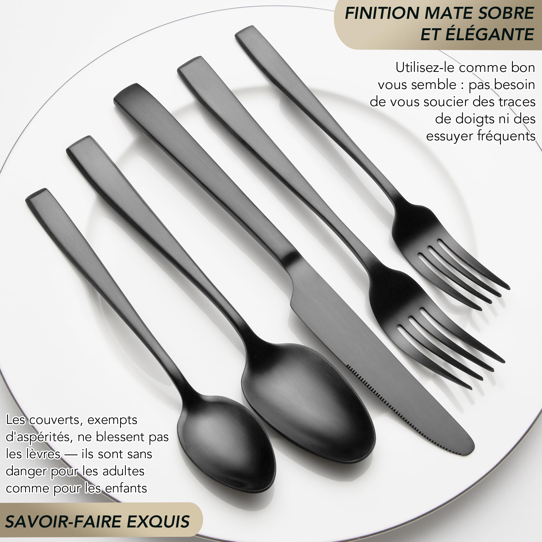Lot de 30 couverts en acier inoxydable de qualité supérieure pour 6 personnes avec poignées uniques, couverts noirs modernes avec couteau, fourchette, cuillère