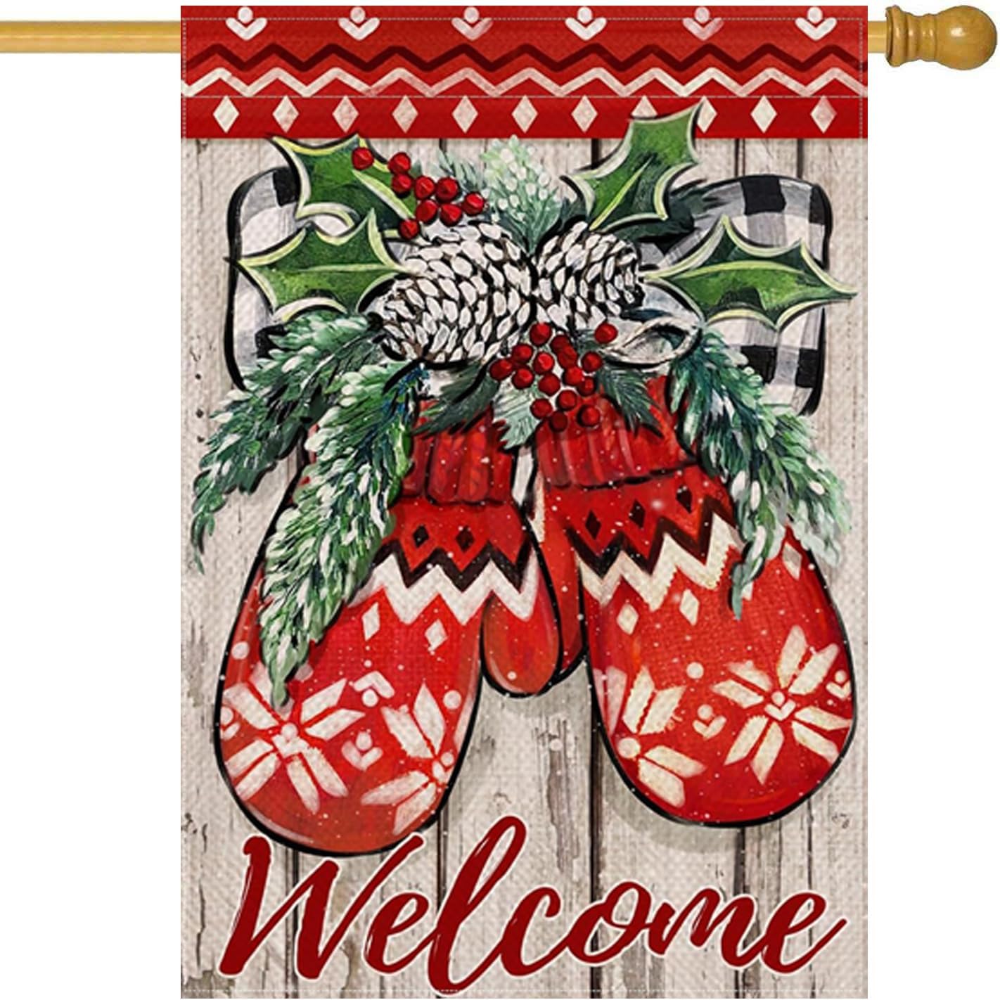 Merry Christmas House Flag 28 x 40 Inch Winter Gloves Decorative Double Sided Burlap Flag Holiday Banners for Winter Xmas Farm House Yard Decoration