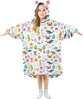 Cartoon Marine Animals Kids Wearable Blanket Hoodie Soft Sherpa Fleece Oversized Sweatshirt for Boys Girls 3-14