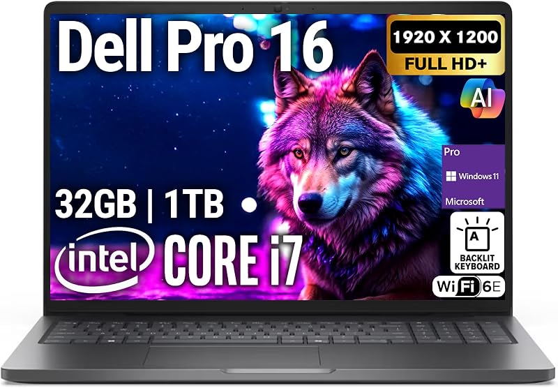Pro 16 (reemplaza a Latitude 3550) Laptop empresarial con pantalla WUXGA de 16", Intel i7-150U, 32 GB DDR5 RAM, 1 TB SSD PCIe, WiFi 6E + BT, RJ-45, teclado retroiluminado, cámara web HD, Windows 11 Pro - Negro