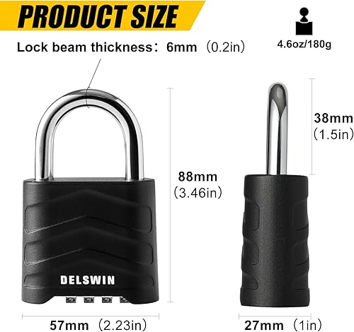 Miniatura 3 de DELSWIN Paquete de 3 candados de combinación grande, 4 dígitos reiniciables con grillete de acero endurecido, cuerpo de aluminio de seguridad,