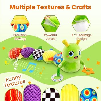 gogonova Baby Musical Caterpillar Toy 0-12 Months, Washable Teething Rattle with 10 Kids Songs, Infant Tummy Time Toy for Newborn Boys Girls (Green)