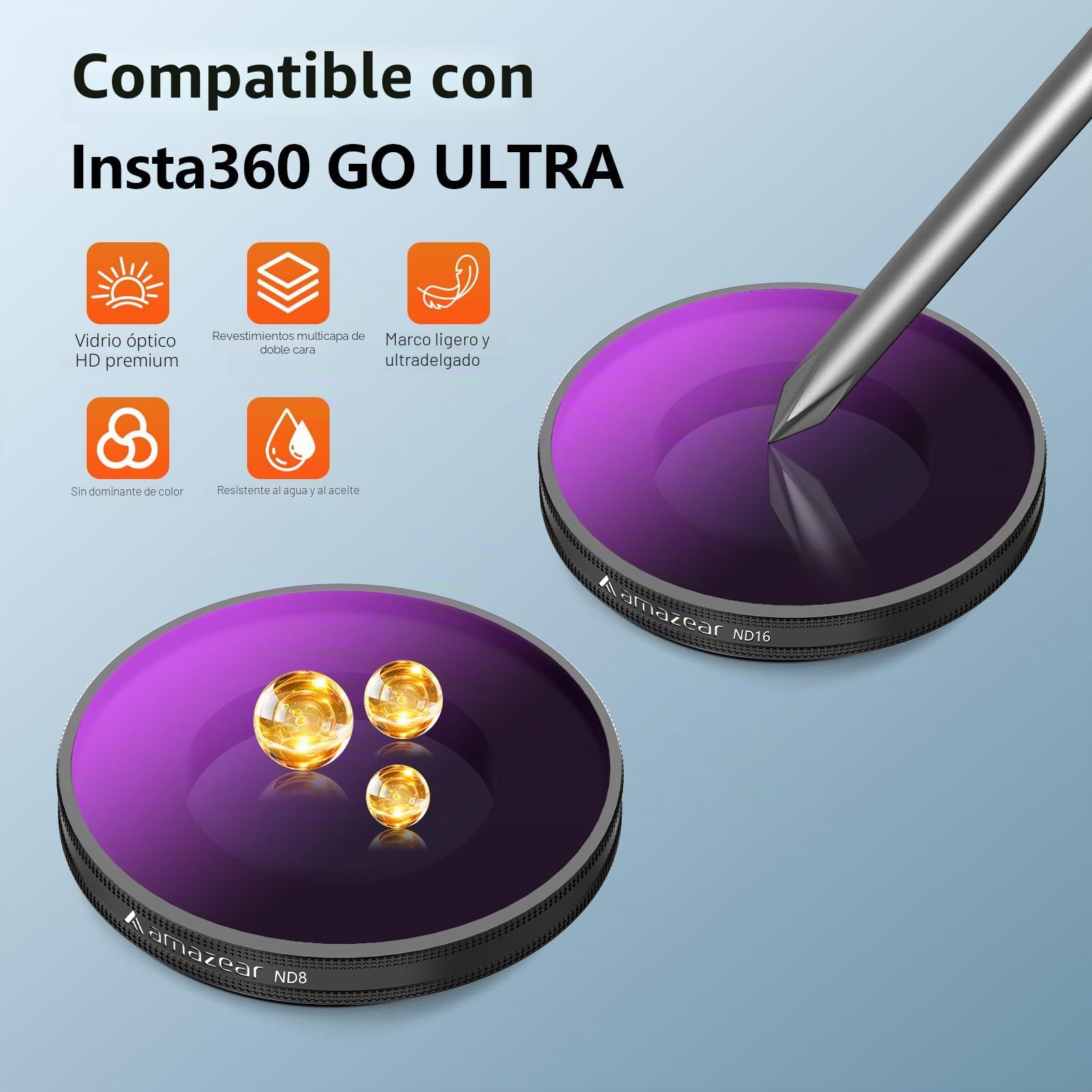 AMAZEAR ND & CPL - Juego de filtros para Insta360 Go Ultra, Insta 360 Go Ultra Accesorios - ND8+ND16+ND32+CPL - Juego de 4 filtros de lente | Cristal óptico | HD | Repelente al aceite | Fácil de
