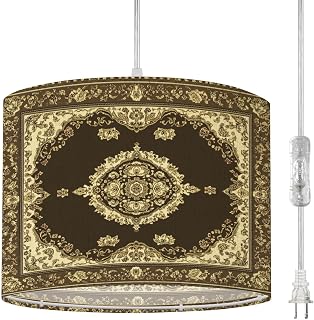 Plug in Pendant Light Floral Motifs Geometric Shapes Patterns Curvilinear Lines Central Hanging Light with Plug in Clear Cord Dimmable Switch Linen Shade Hanging Lamp Fixture for Bedroom Kitchen