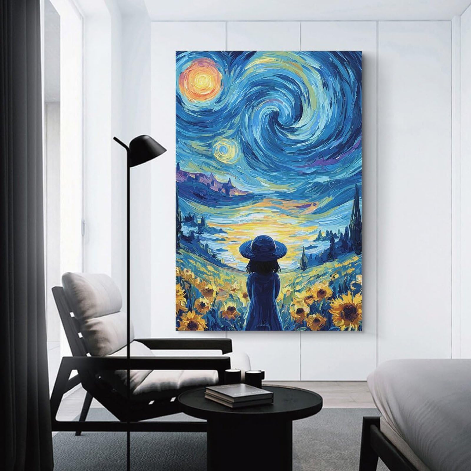 Junmoney Wall Decor Canvas Print Girl in Sunflower Field Under Starry Sky, 20x30inch(50x75cm), for Bedroom Walls, Guest Spaces Or Lounges, An Easy Wall Refresh for Bedrooms