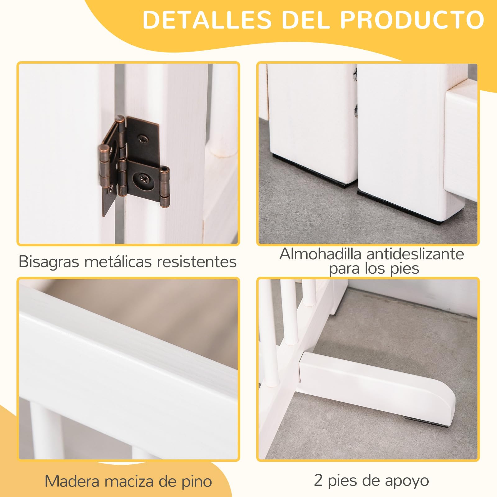 PawHut Barrera de Seguridad Perros de Madera Plegable 204x36x75 cm Blanco | para Escaleras y Puertas, Valla para Perros Pequeños y Medianos, 4 Paneles, con Soporte de Pie, para Interiores