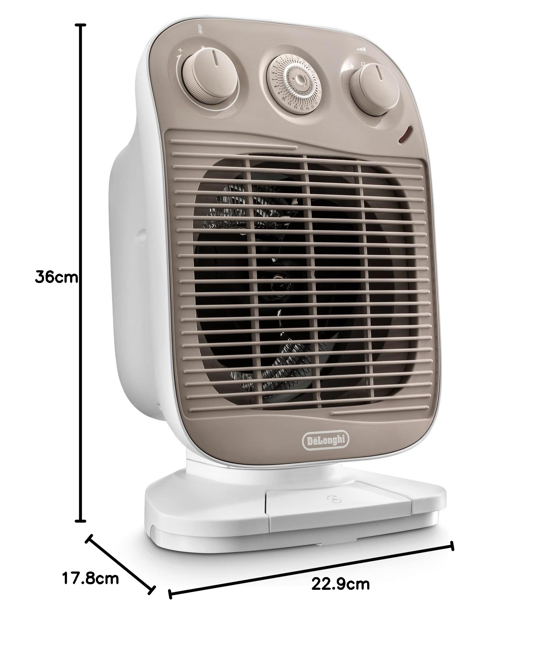 De'Longhi HFS50F24 Termoventilatore, Silenzioso, 3 livelli di potenza, TIMER 24H, ventilazione estiva, protezione antigoccia, maniglia, luce pilota, per ambienti fino a 70m³, bianco/grigio