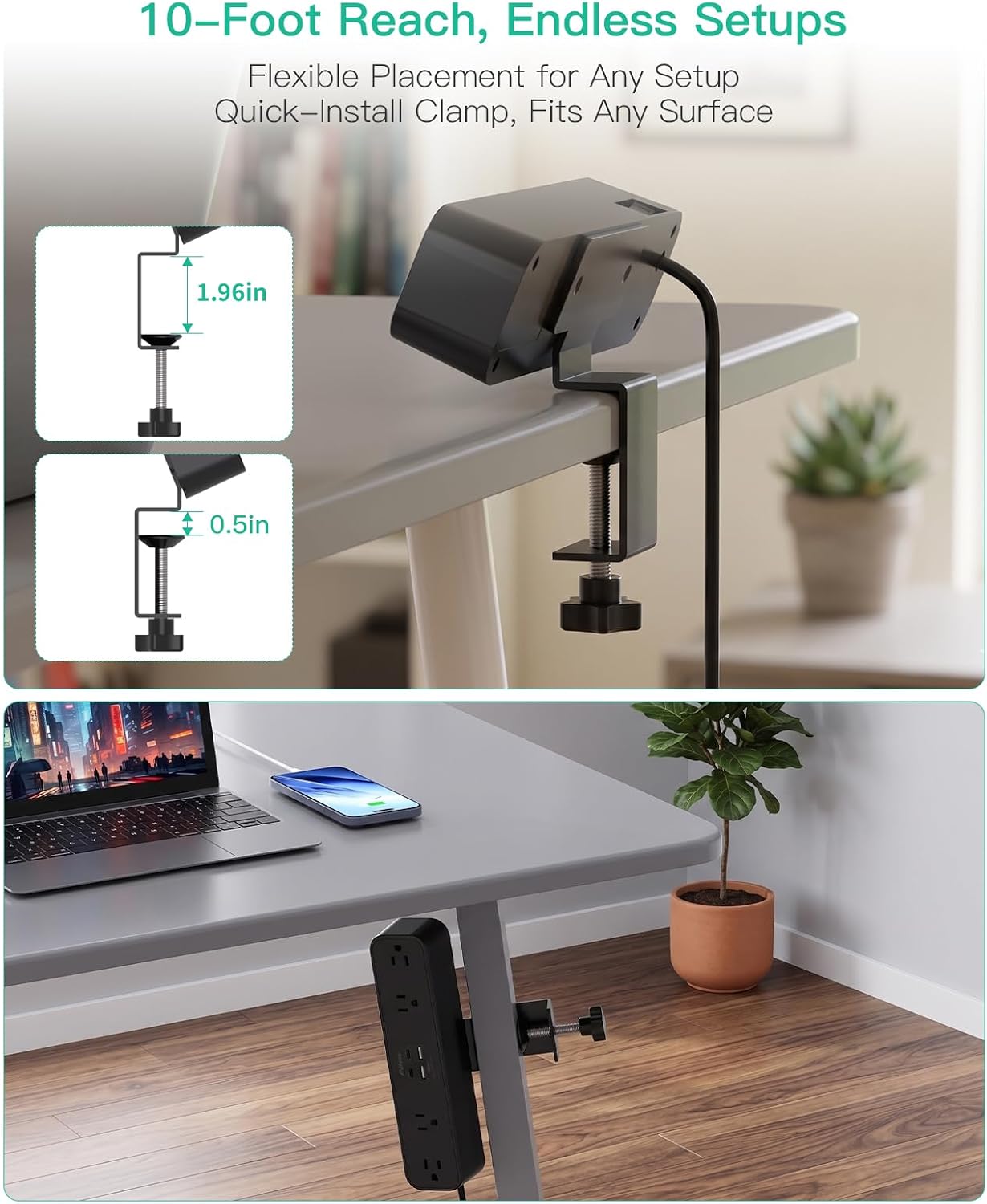 Mifaso Desk Clamp Power Strip 10FT, 40W USB C Fast Charging Station, Black